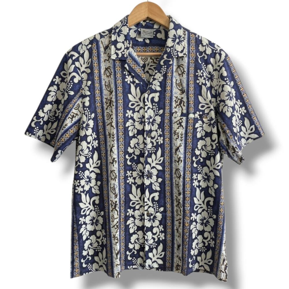 Vintage Royal Creations Hawaii Hawaiian Shirt Men XL Blue Floral Tribal Made USA